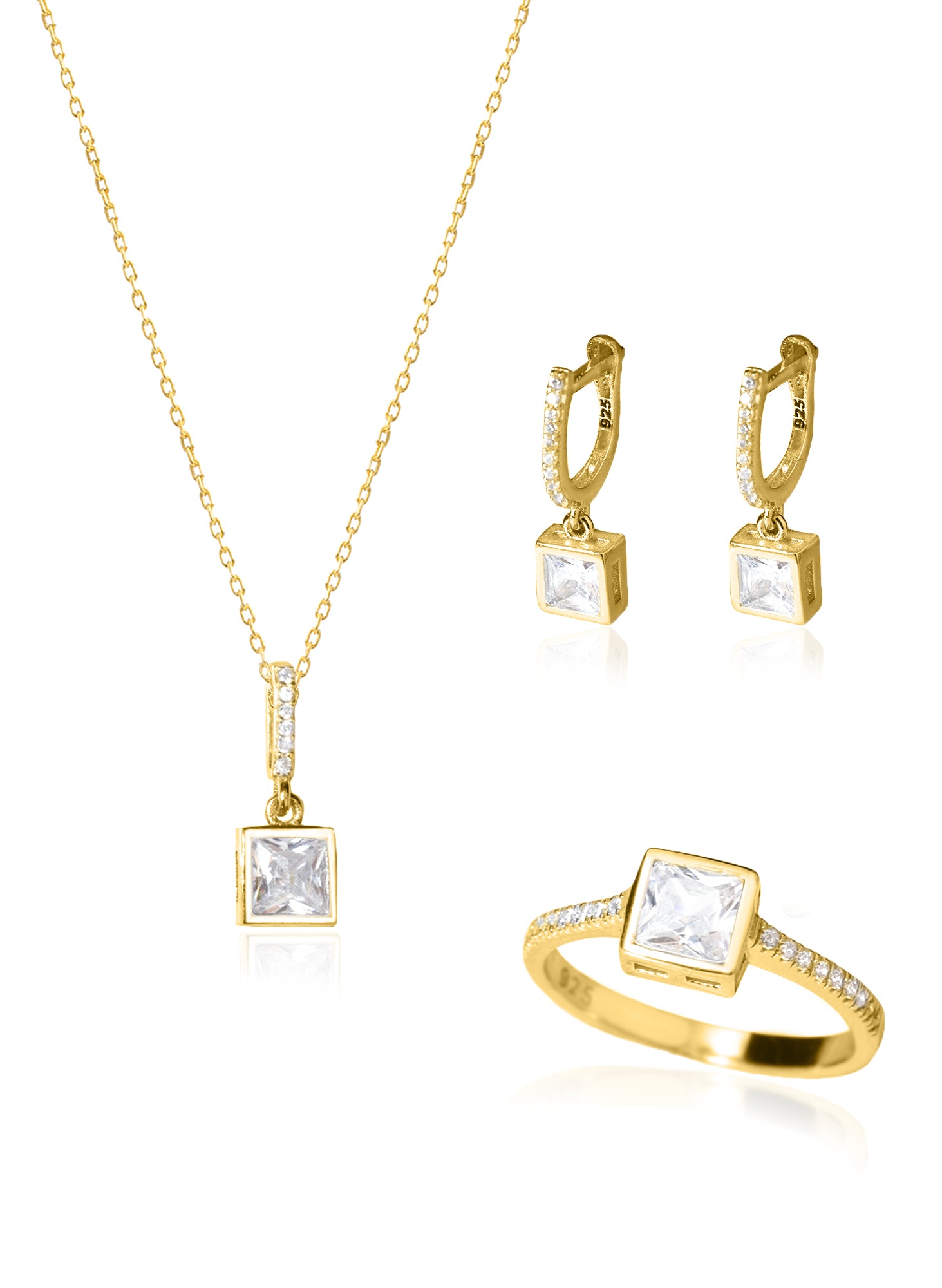925 Sterling Silver Square Diamond Shape Set 3 Pieces: Necklace, Ring &amp; Earrings