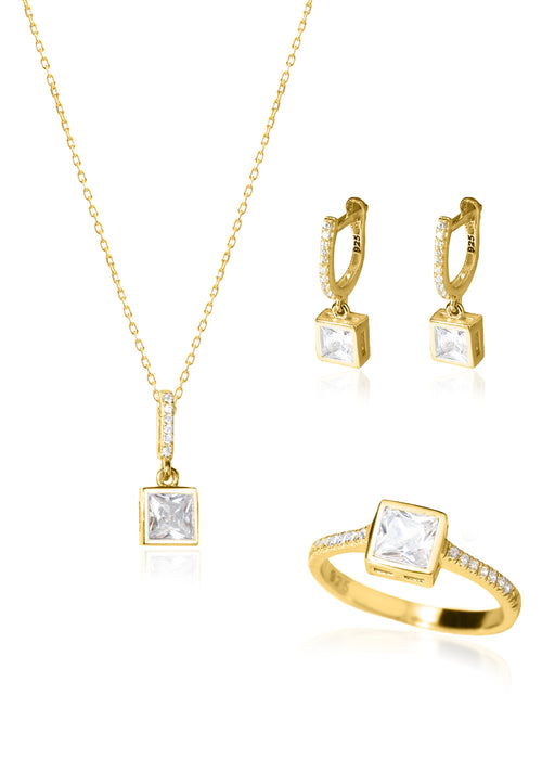 925 Sterling Silver Square Diamond Shape Set 3 Pieces: Necklace, Ring & Earrings