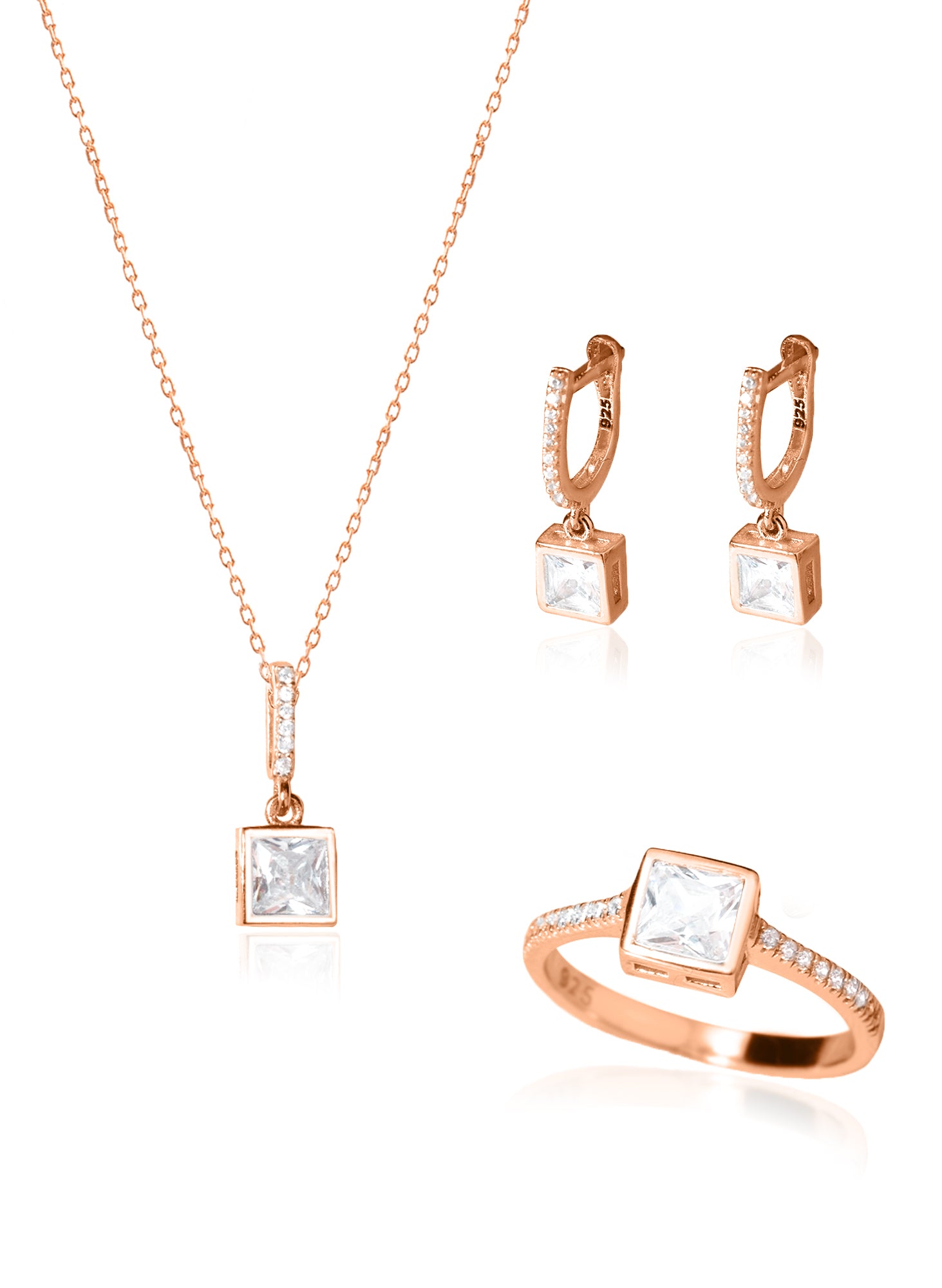 925 Sterling Silver Square Diamond Shape Set 3 Pieces: Necklace, Ring &amp; Earrings