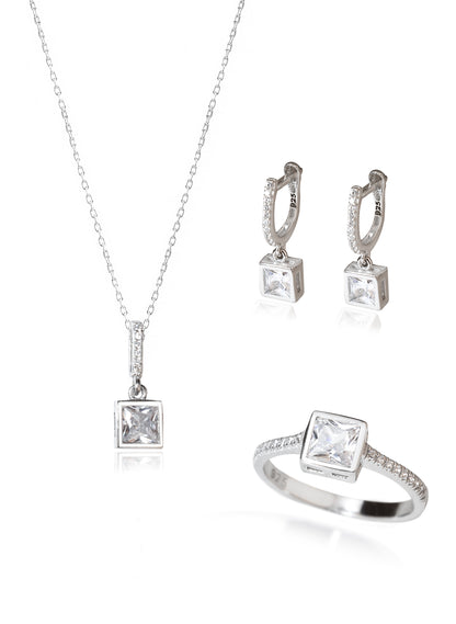 925 Sterling Silver Square Diamond Shape Set 3 Pieces: Necklace, Ring & Earrings