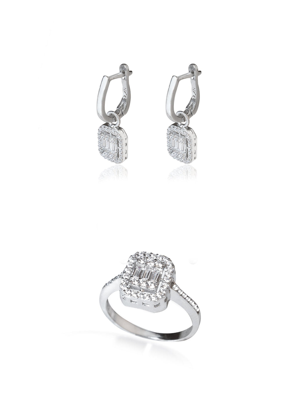 925 Sterling Silver Baguette With Zircon Stone Shape Set 2 Pieces: Ring &amp; Earrings