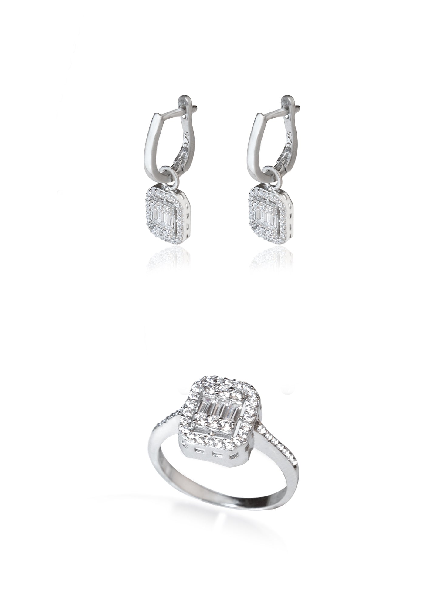 925 Sterling Silver Baguette With Zircon Stone Shape Set 2 Pieces: Ring &amp; Earrings