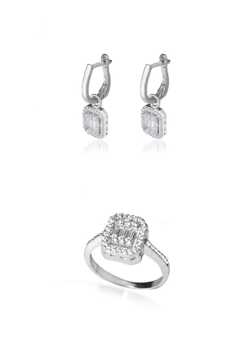 925 Sterling Silver Baguette With Zircon Stone Shape Set 2 Pieces: Ring & Earrings