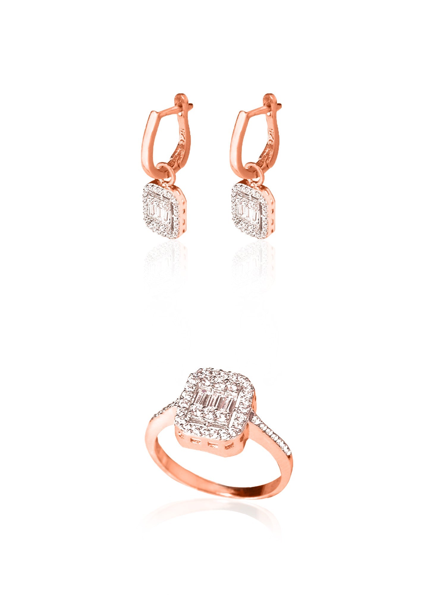 925 Sterling Silver Baguette With Zircon Stone Shape Set 2 Pieces: Ring &amp; Earrings