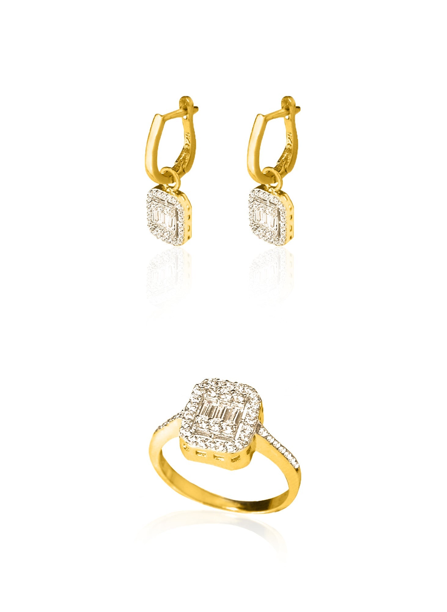 925 Sterling Silver Baguette With Zircon Stone Shape Set 2 Pieces: Ring &amp; Earrings