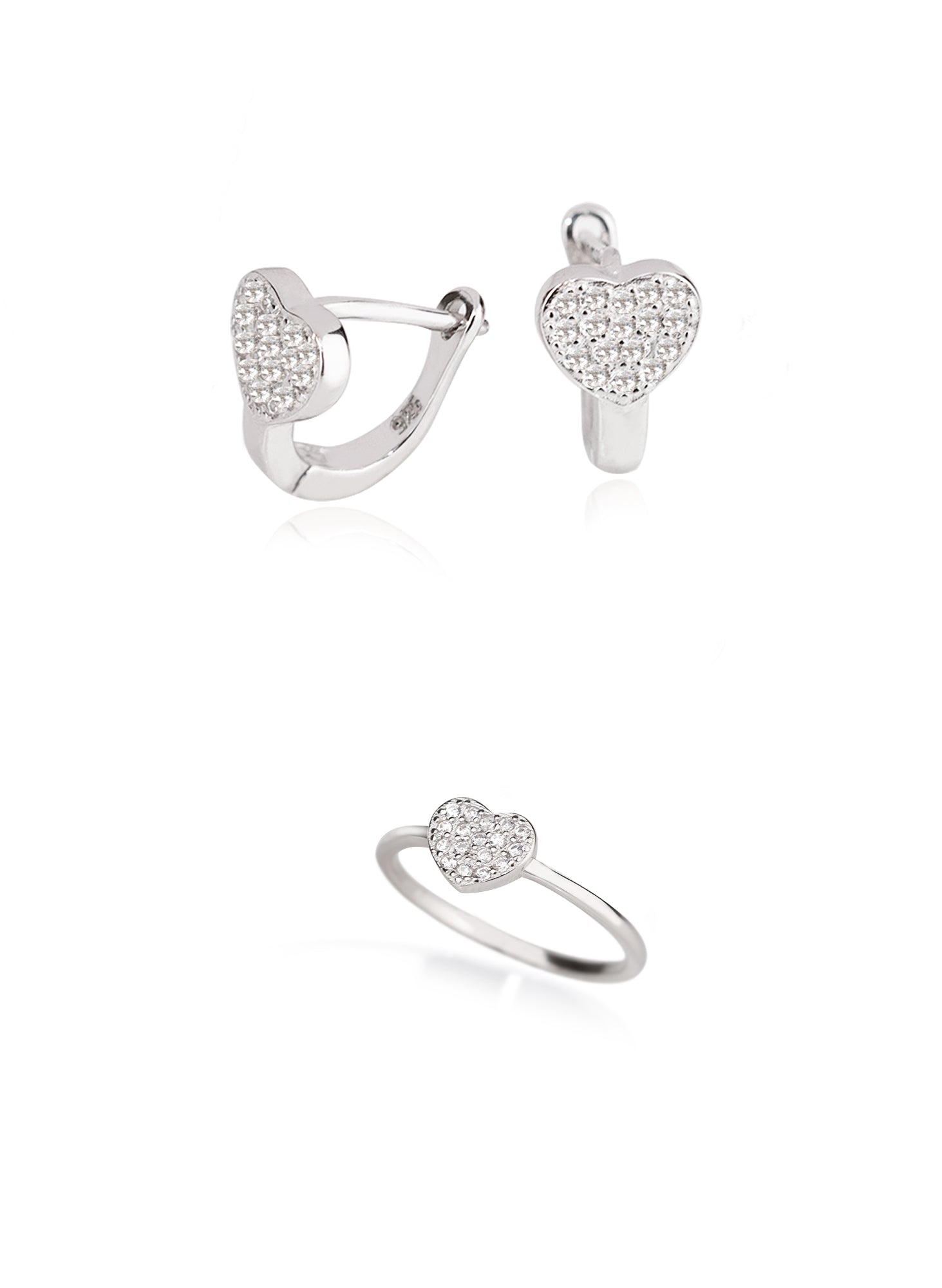 925 Sterling Silver Diamond Heart Shape Set 2 Pieces: Ring &amp; Earrings