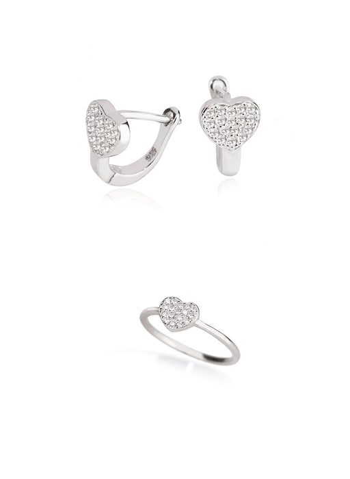 925 Sterling Silver Diamond Heart Shape Set 2 Pieces: Ring & Earrings