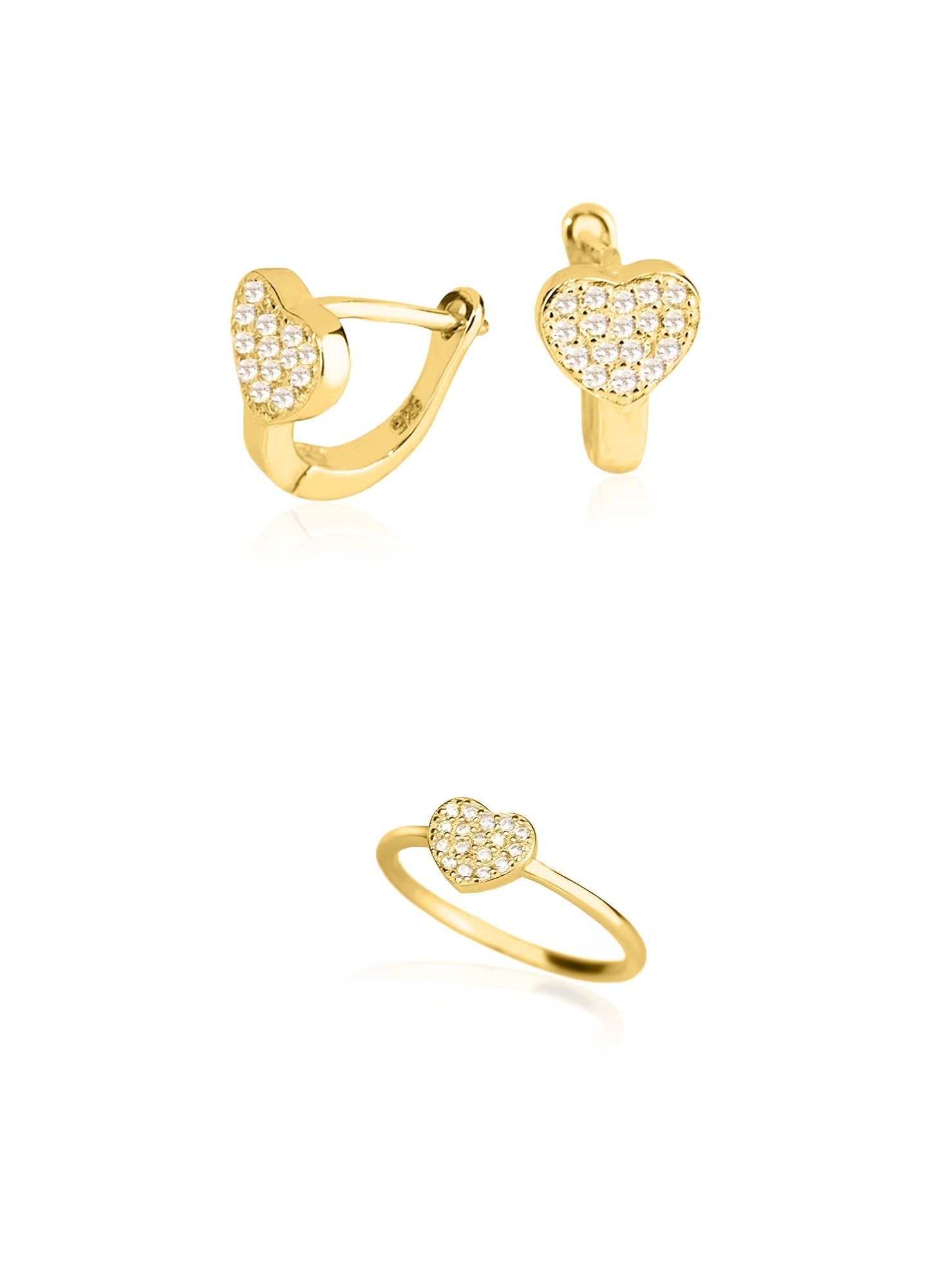 925 Sterling Silver Diamond Heart Shape Set 2 Pieces: Ring &amp; Earrings