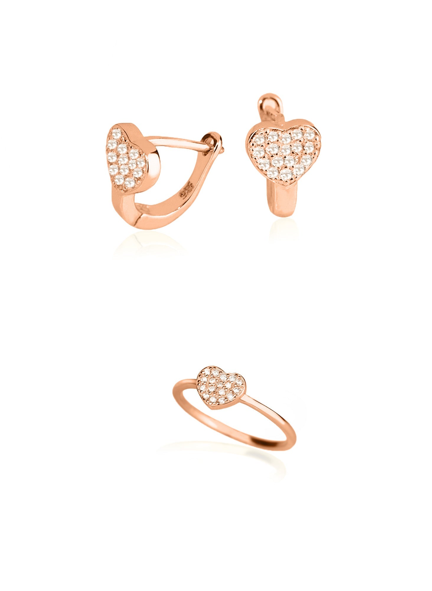 925 Sterling Silver Diamond Heart Shape Set 2 Pieces: Ring &amp; Earrings
