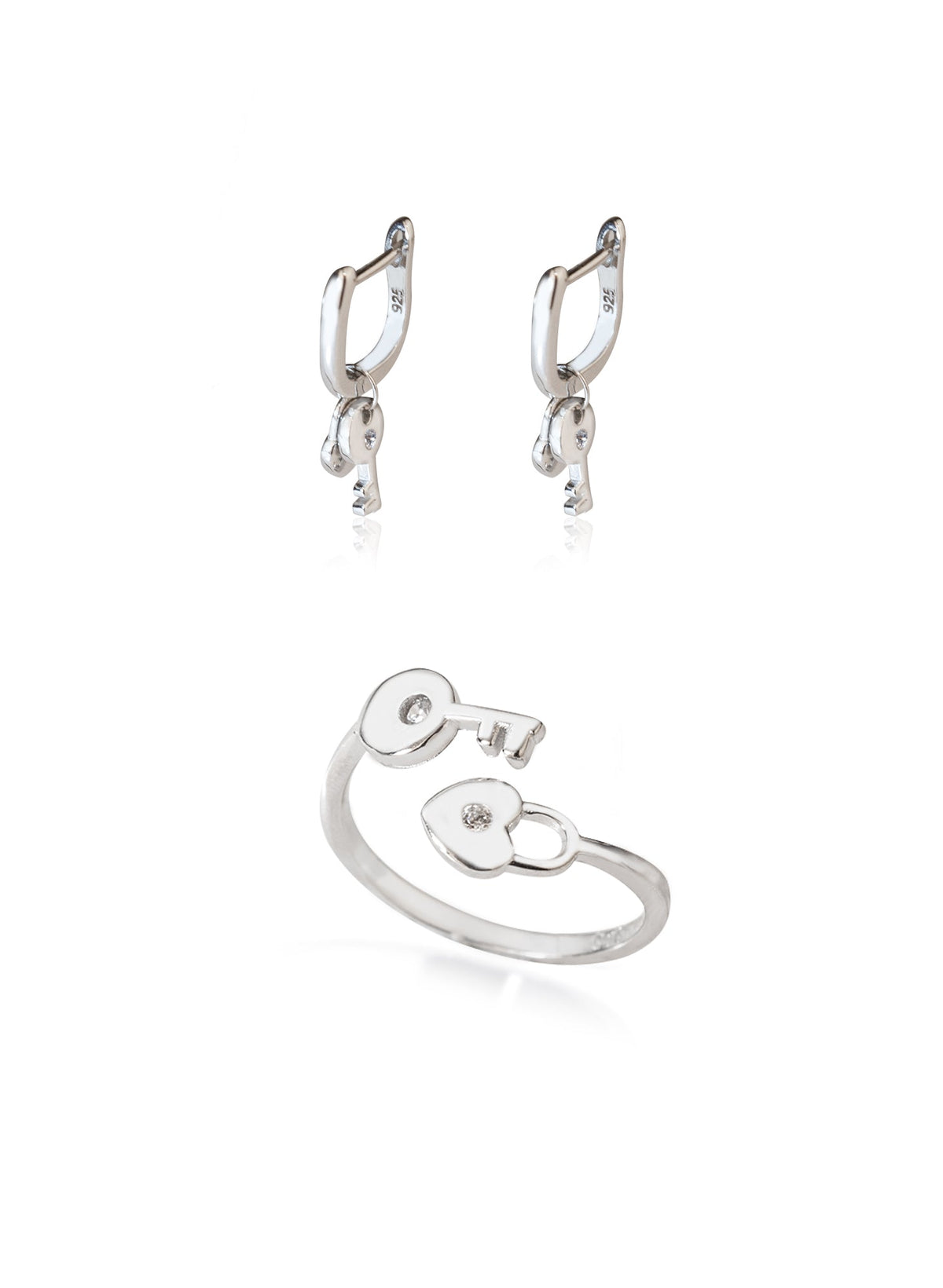 925 Sterling Silver Keyed Heart Locked Shape Set 2 Pieces: Ring & Earrings