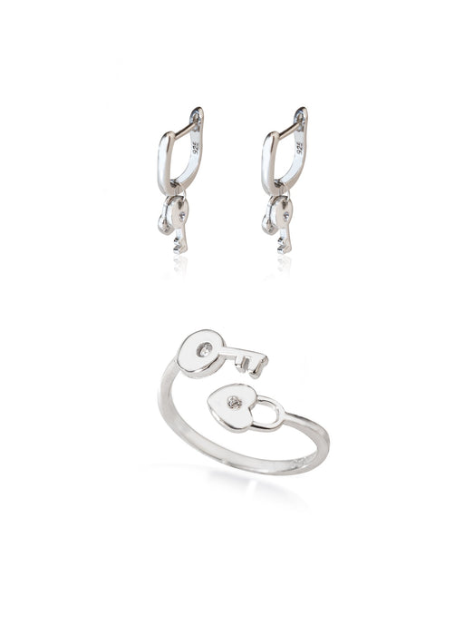 925 Sterling Silver Keyed Heart Locked Shape Set 2 Pieces: Ring &amp; Earrings