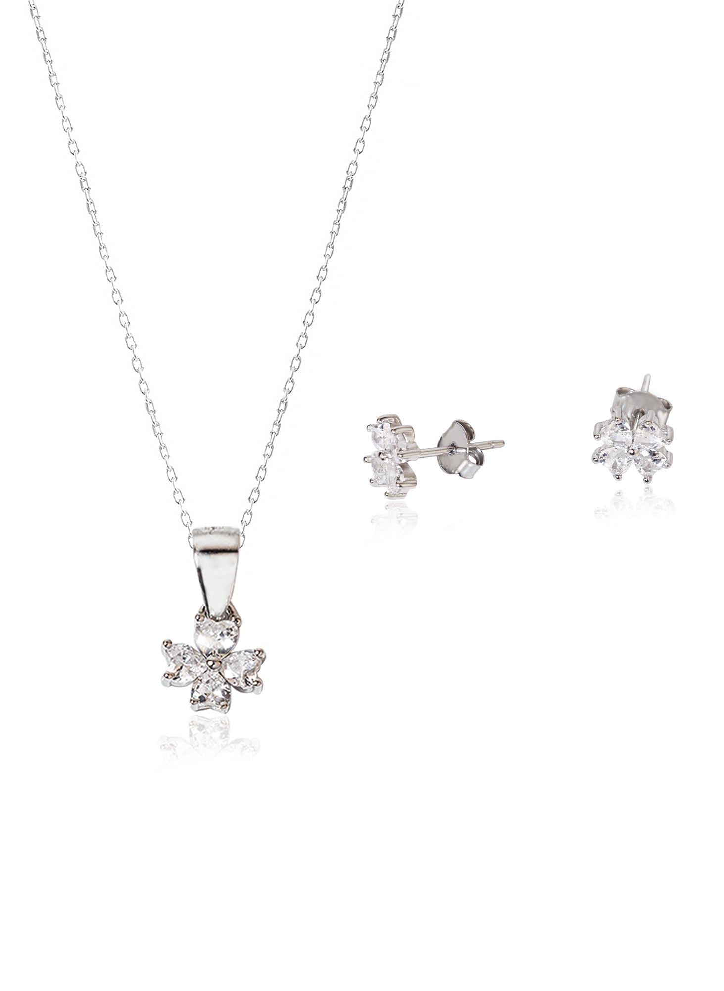 925 Sterling Silver Clover Diamond Shape Set 2 Pieces: Necklace &amp; Earrings