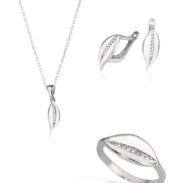 925 Sterling Silver Row of Stone Leaf Shape Set 3 Pieces: Necklace, Ring & Earrings